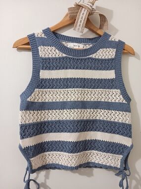 SADIE & SAGE BLUE & IVORY STRIPED SLEEVELESS SIDE TIE KNIT SWEATER TANK TOP XS